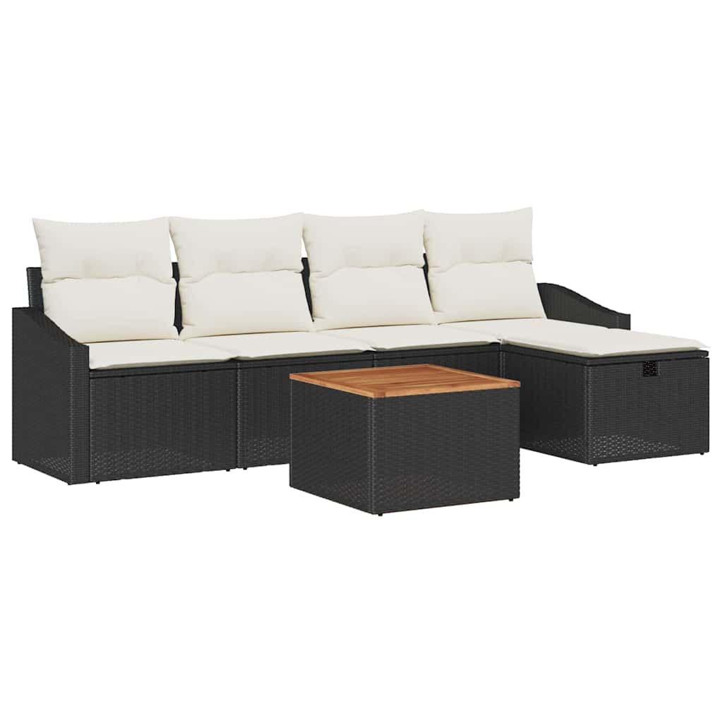 Havesofa Sæt med pude med opbevaring 6 pcs Sort polyrattan