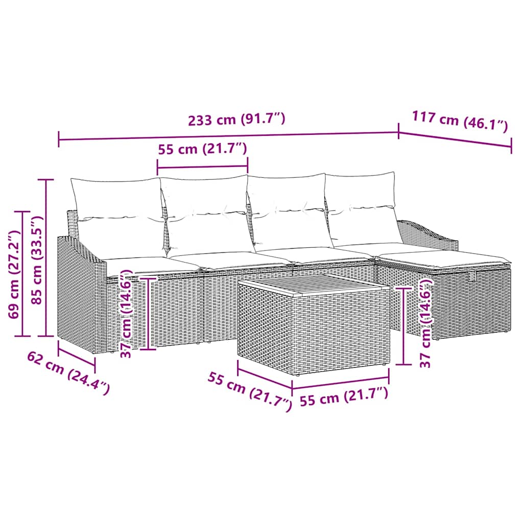 Havesofa Sæt med pude med opbevaring 6 pcs Sort polyrattan