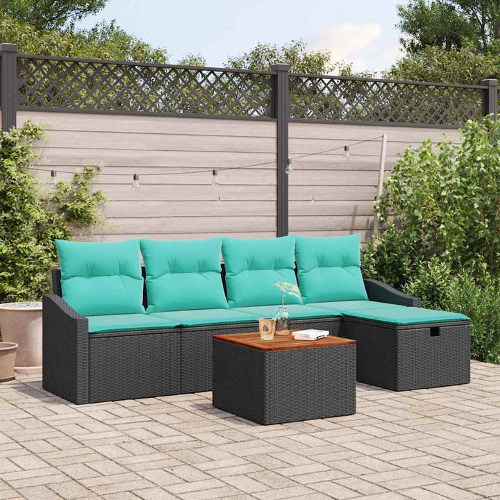 Havesofa Sæt med pude med opbevaring 6 pcs Sort polyrattan