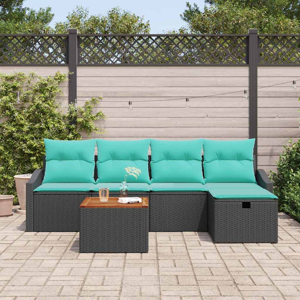 Havesofa Sæt med pude med opbevaring 6 pcs Sort polyrattan