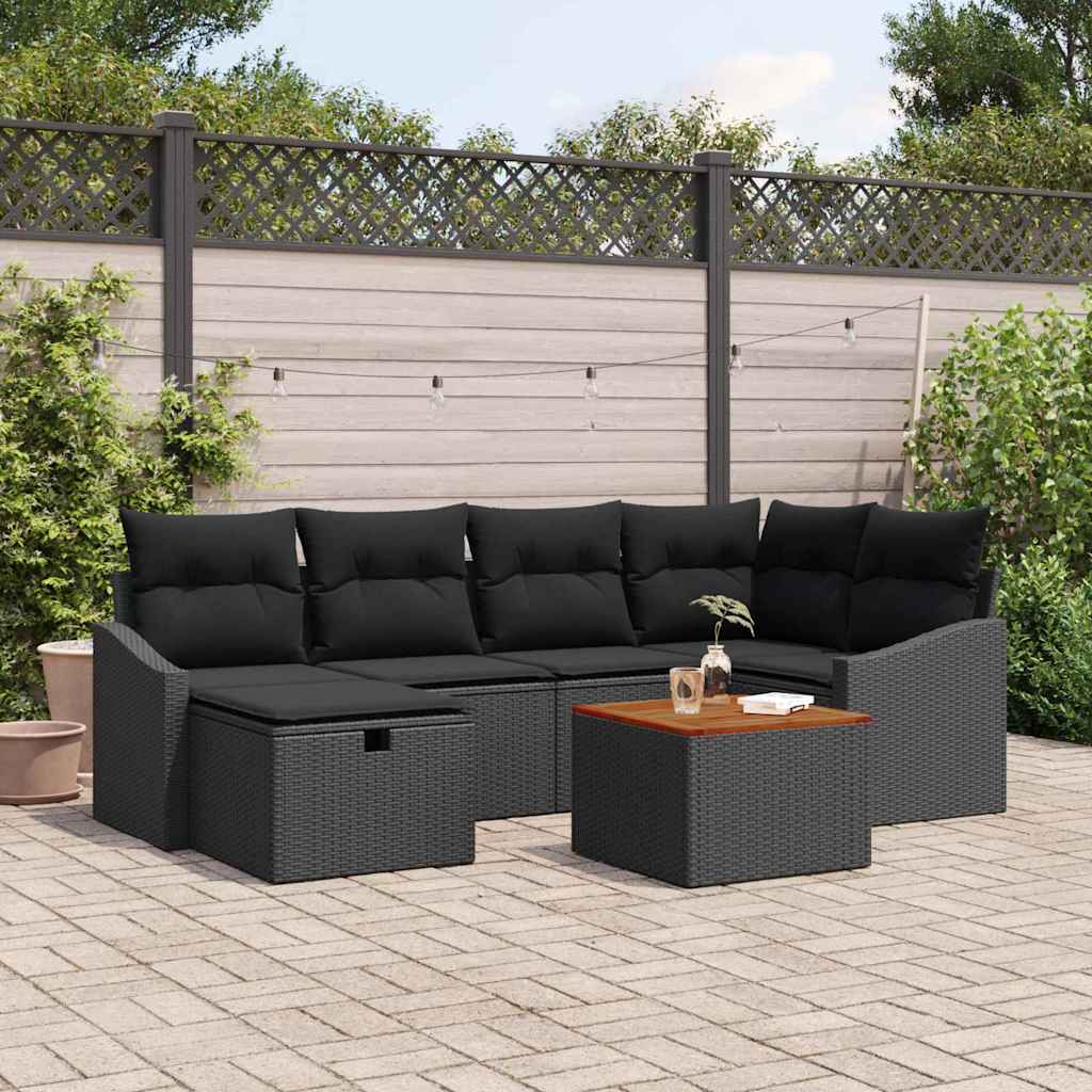 Havesofa Sæt med pude med opbevaring 7 pcs Sort polyrattan