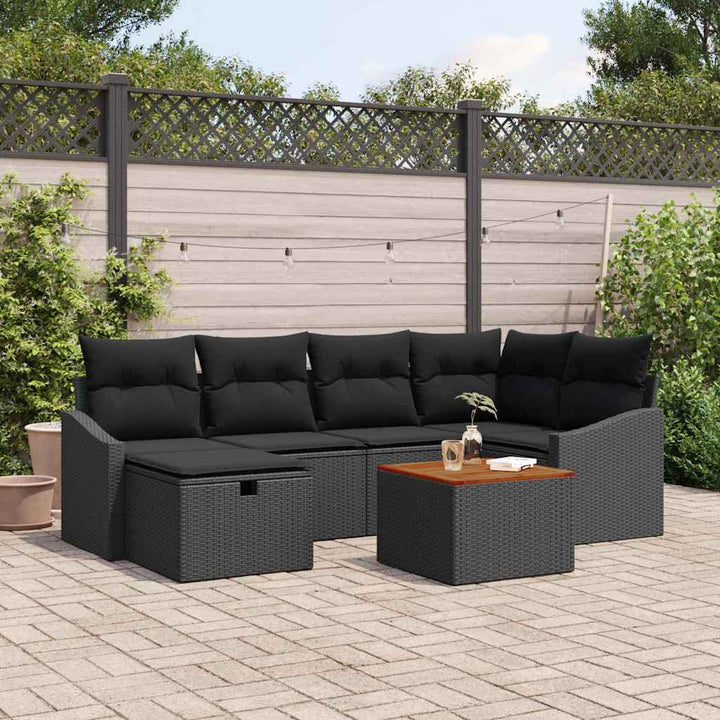 Havesofa Sæt med pude med opbevaring 7 pcs Sort polyrattan
