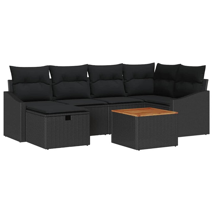 Havesofa Sæt med pude med opbevaring 7 pcs Sort polyrattan