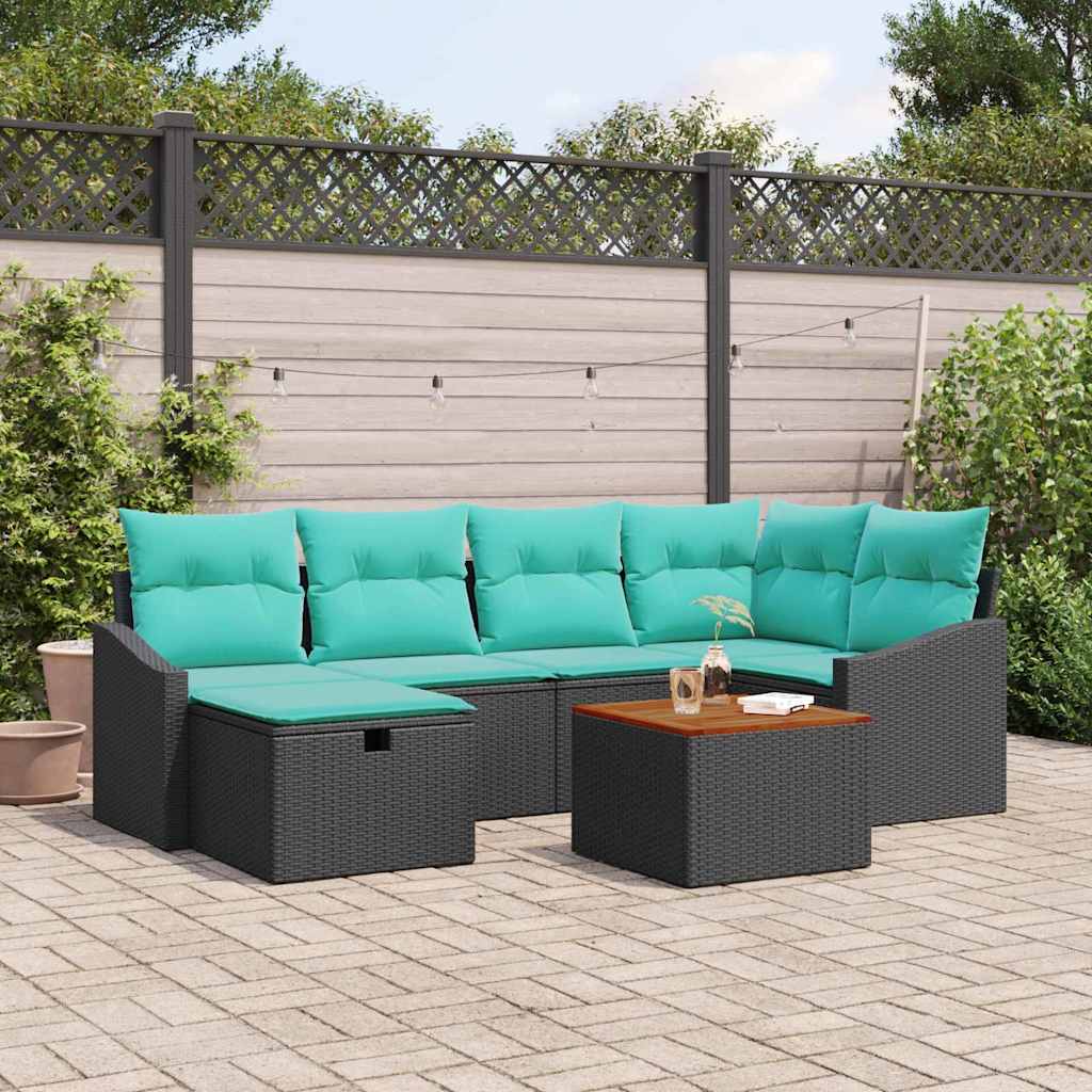 Havesofa Sæt med pude med opbevaring 7 pcs Sort polyrattan