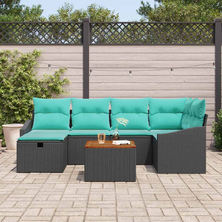 Havesofa Sæt med pude med opbevaring 7 pcs Sort polyrattan