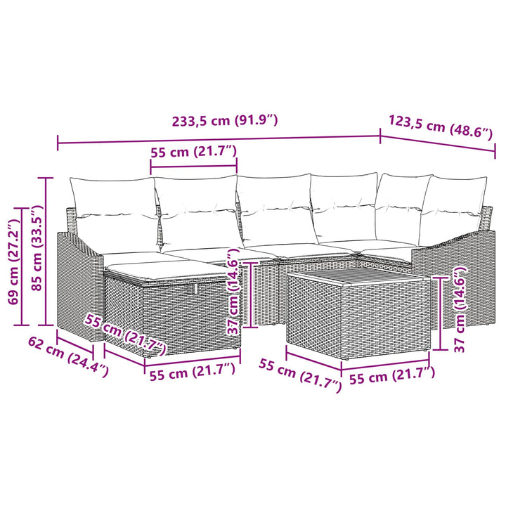 Havesofa Sæt med pude med opbevaring 7 pcs Sort polyrattan