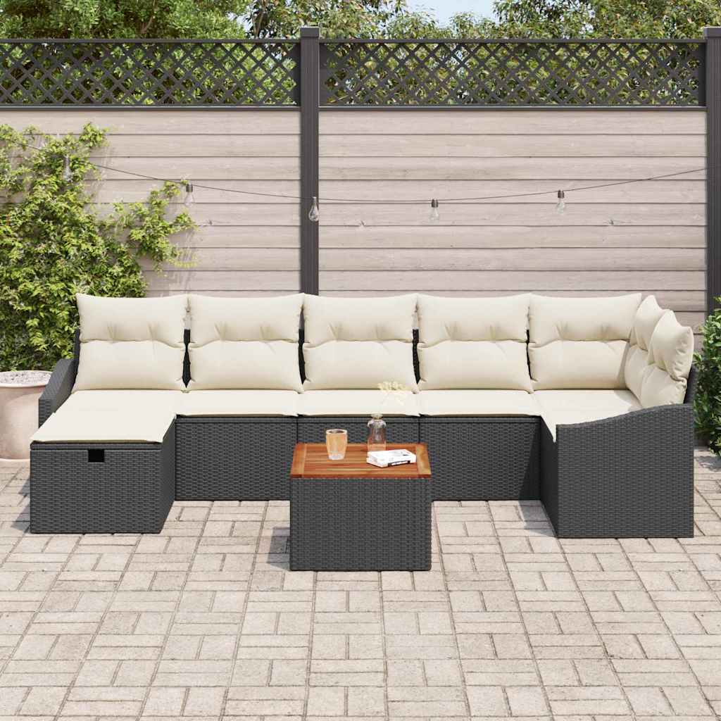 Havesofa Sæt med pude med opbevaring 8 pcs Sort polyrattan