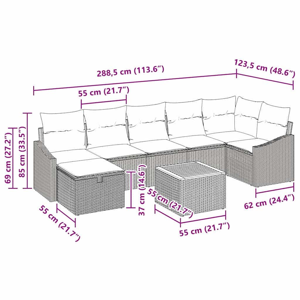 Havesofa Sæt med pude med opbevaring 8 pcs Sort polyrattan