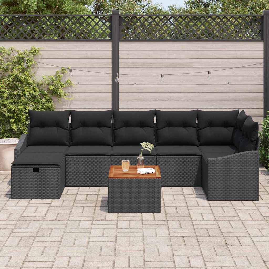 Havesofa Sæt med pude med opbevaring 8 pcs Sort polyrattan