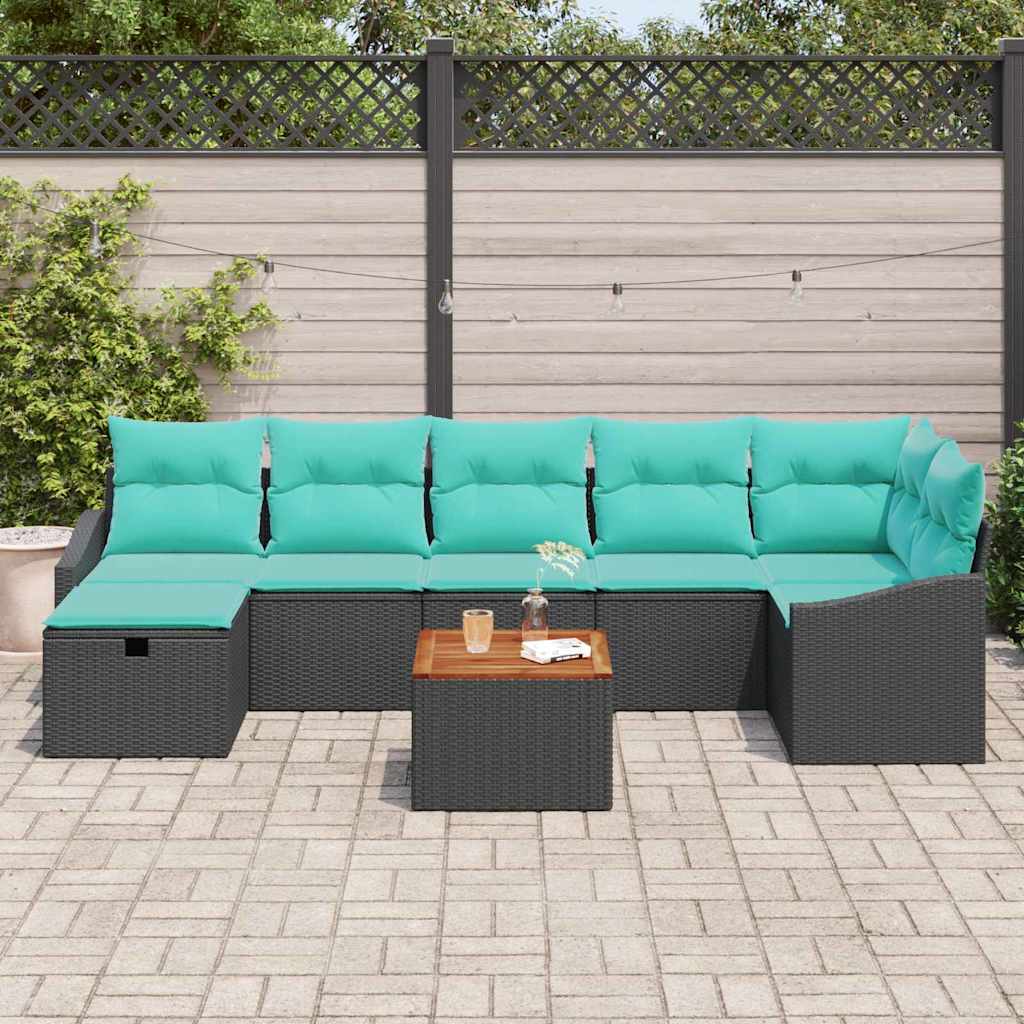 Havesofa Sæt med pude med opbevaring 8 pcs Sort polyrattan