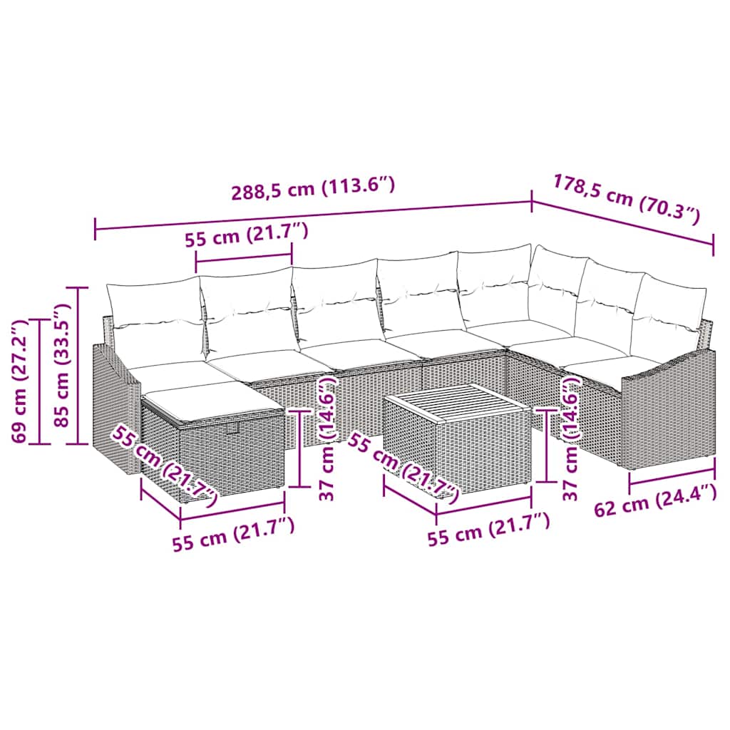 Havesofa Sæt med pude med opbevaring 9 pcs Beige polyrattan
