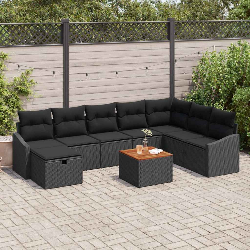 Havesofa Sæt med pude med opbevaring 9 pcs Sort polyrattan