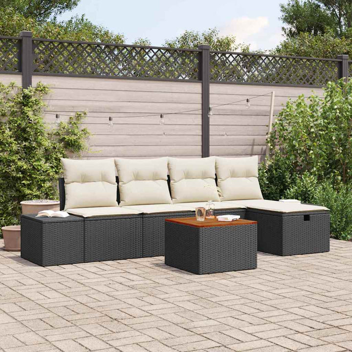 Havesofa Sæt med pude med opbevaring 6 pcs Sort polyrattan