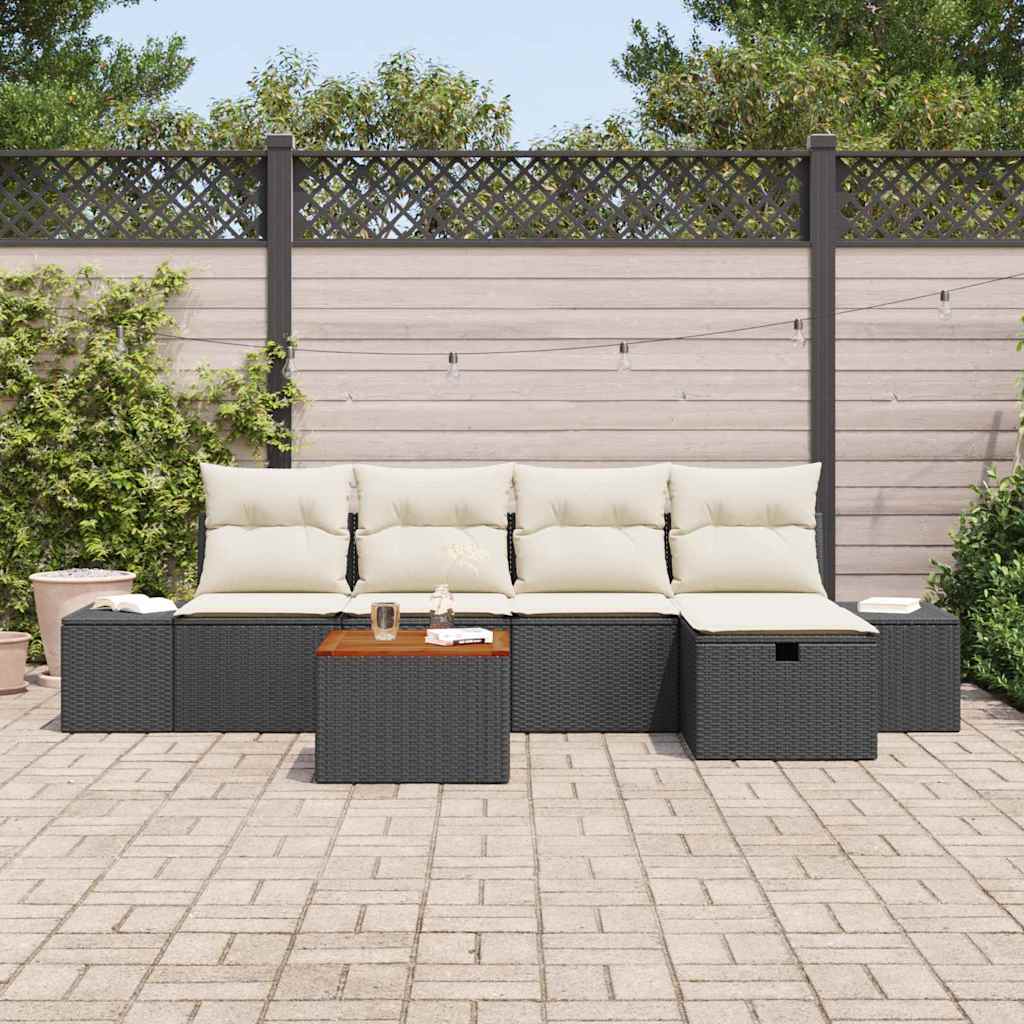 Havesofa Sæt med pude med opbevaring 6 pcs Sort polyrattan