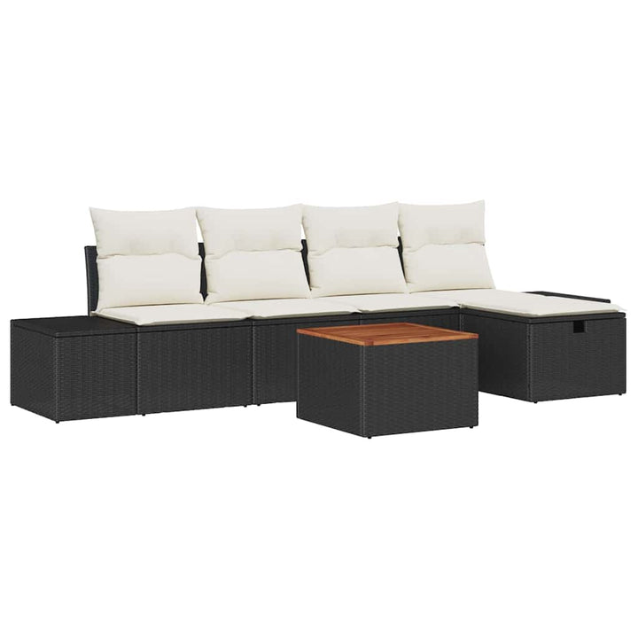 Havesofa Sæt med pude med opbevaring 6 pcs Sort polyrattan