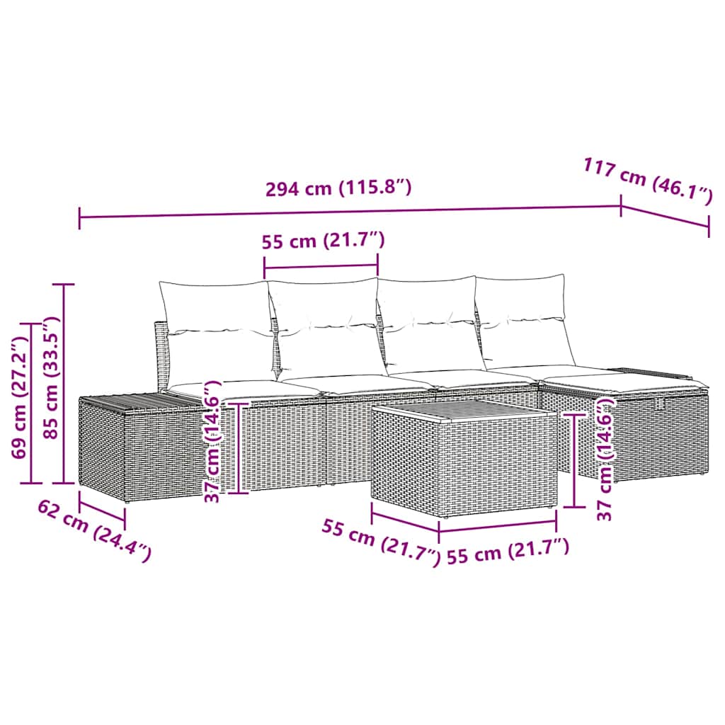 Havesofa Sæt med pude med opbevaring 6 pcs Sort polyrattan