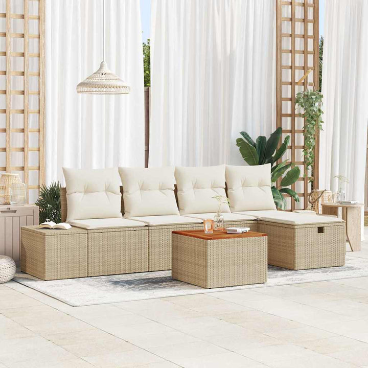 Havesofa Sæt med pude med opbevaring 6 pcs Beige polyrattan