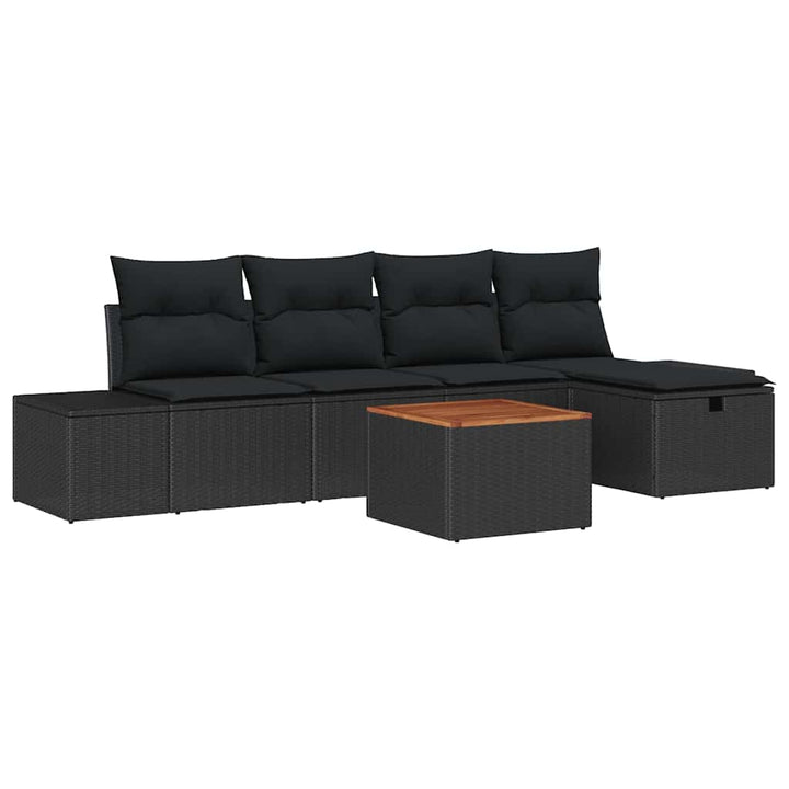 Havesofa Sæt med pude med opbevaring 6 pcs Sort polyrattan