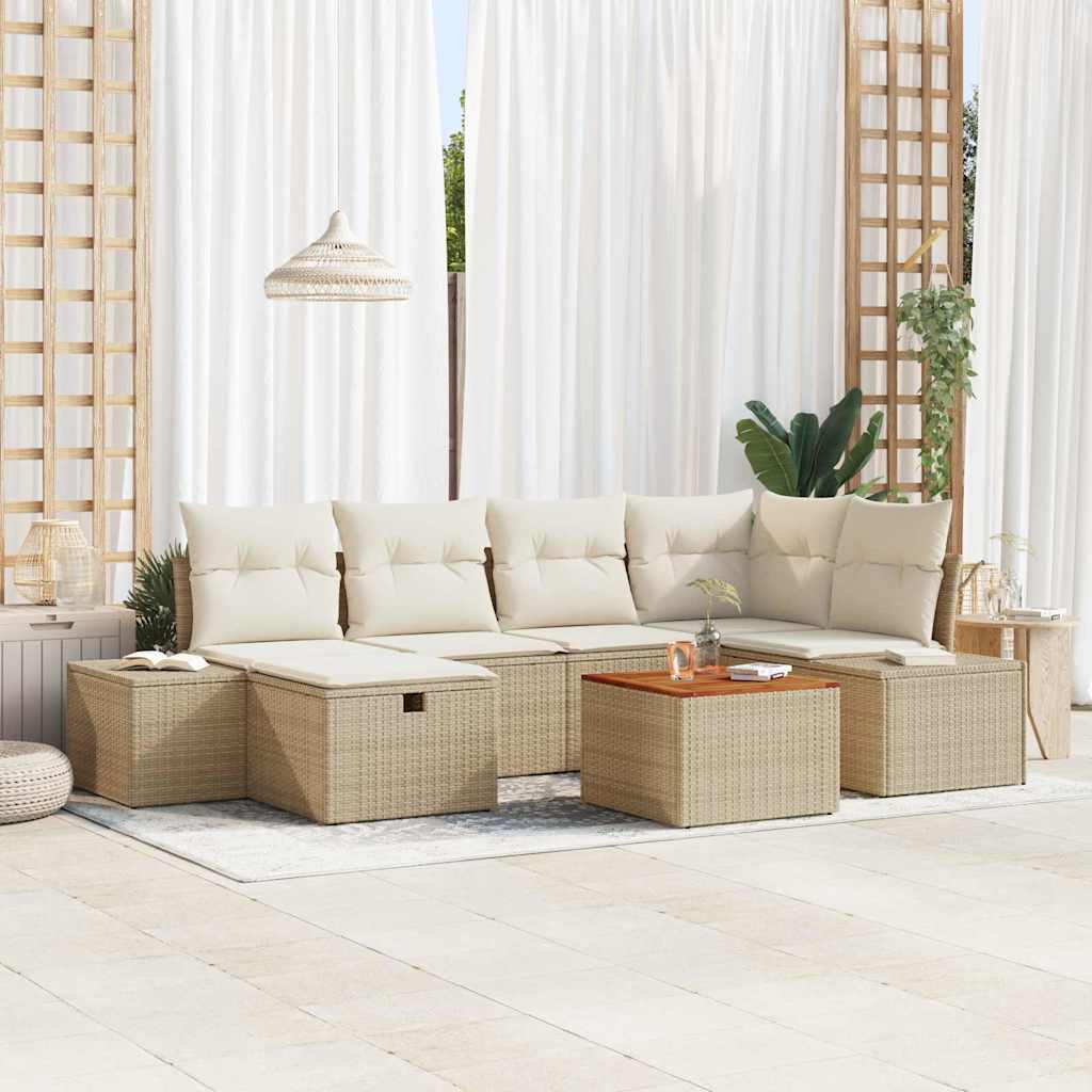Havesofa Sæt med pude med opbevaring 7 pcs Beige polyrattan