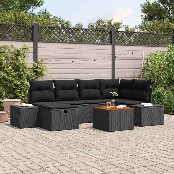 Havesofa Sæt med pude med opbevaring 7 pcs Sort polyrattan
