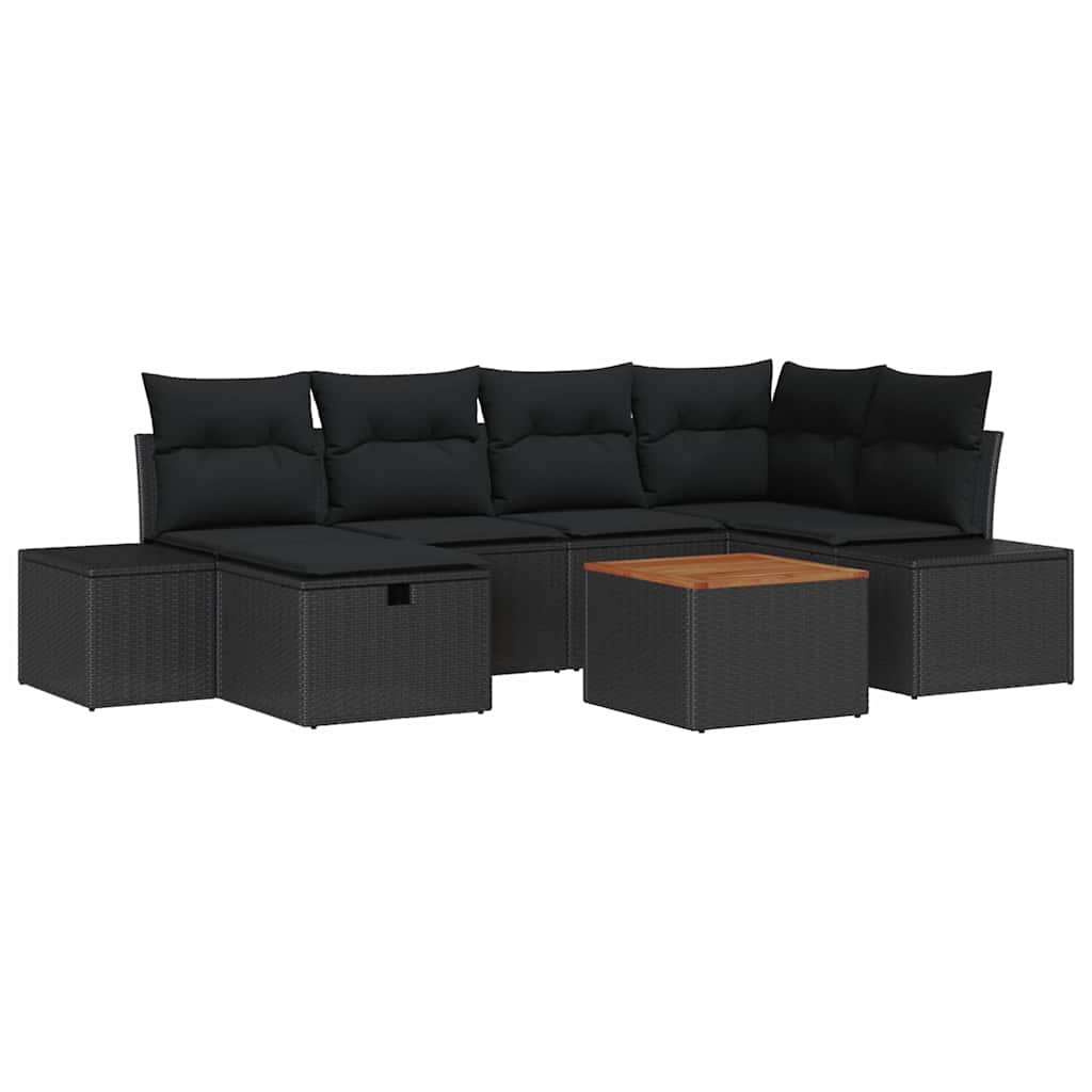 Havesofa Sæt med pude med opbevaring 7 pcs Sort polyrattan