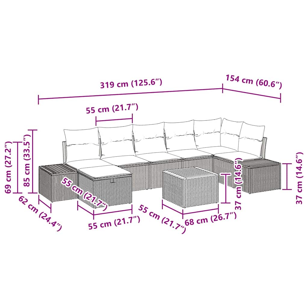Havesofa Sæt med pude med opbevaring 8 pcs Sort polyrattan