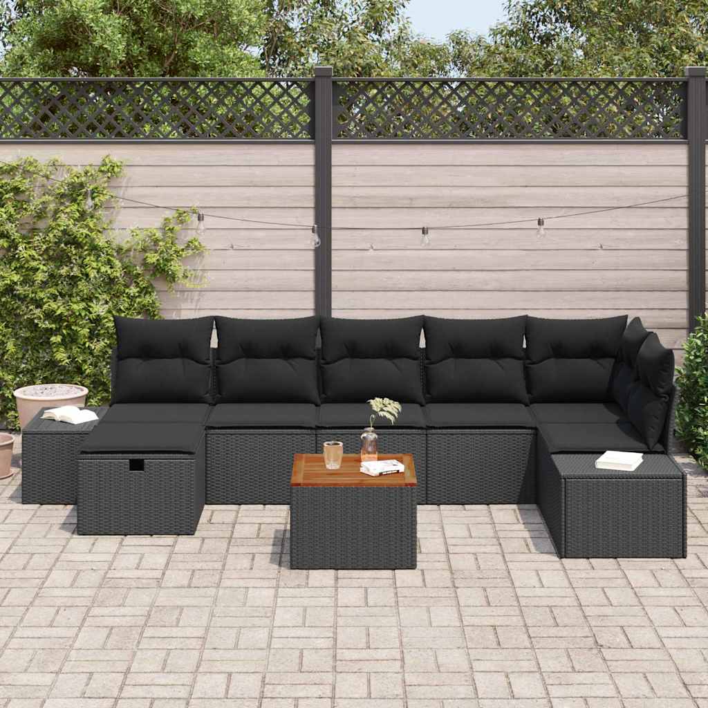 Havesofa Sæt med pude med opbevaring 8 pcs Sort polyrattan