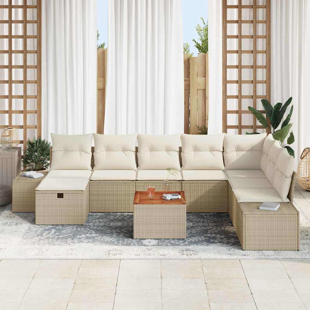Havesofa Sæt med pude med opbevaring 9 pcs Beige polyrattan