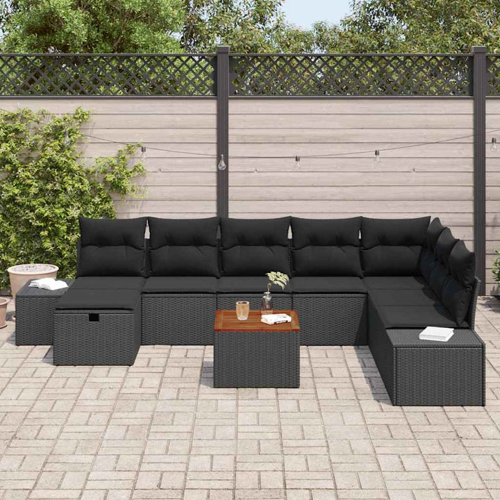 Havesofa Sæt med pude med opbevaring 9 pcs Sort polyrattan