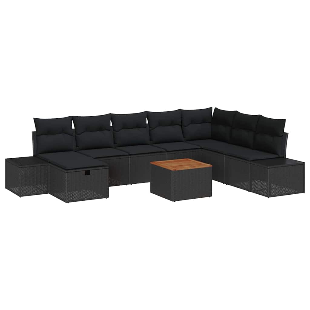 Havesofa Sæt med pude med opbevaring 9 pcs Sort polyrattan