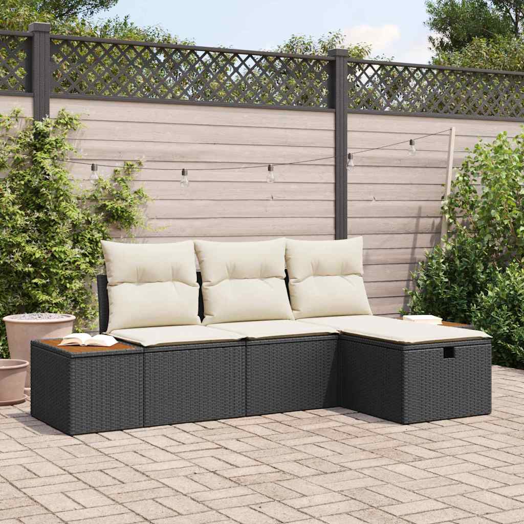 Havesofa Sæt med pude 4 pcs Sort Poly rattan