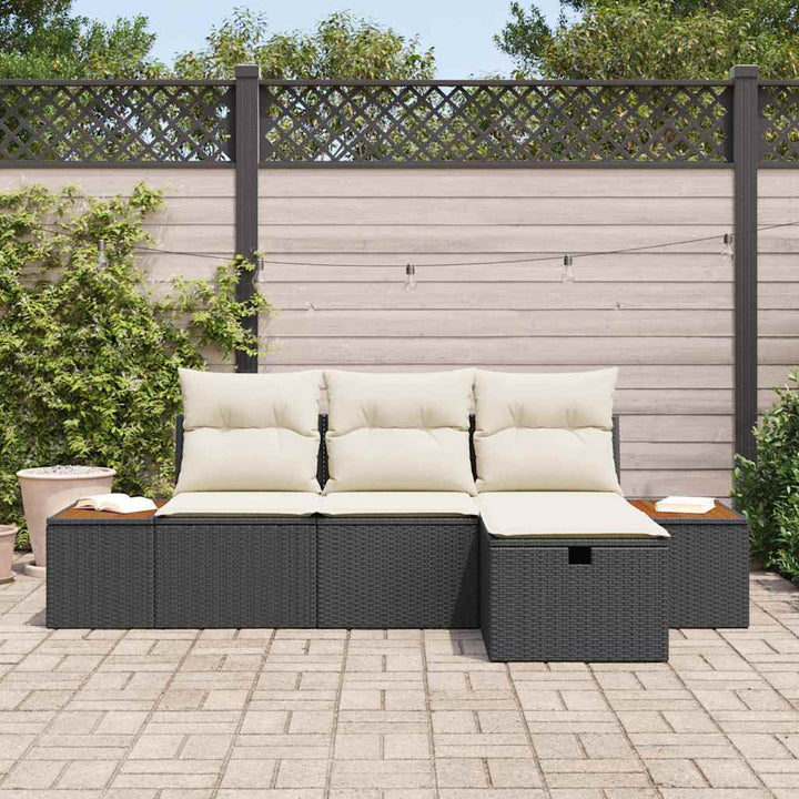 Havesofa Sæt med pude 4 pcs Sort Poly rattan