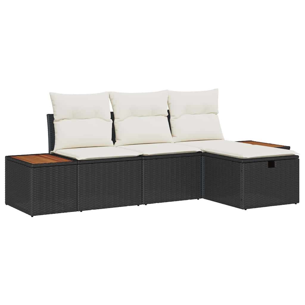 Havesofa Sæt med pude 4 pcs Sort Poly rattan