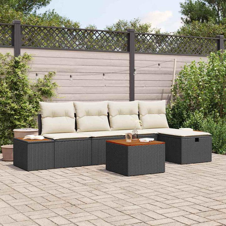 Havesofa Sæt med pude 6 pcs Sort polyrattan