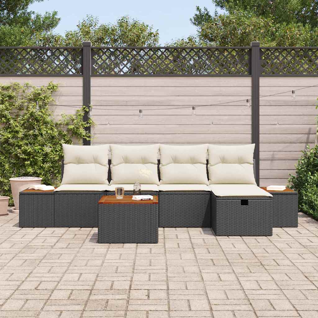 Havesofa Sæt med pude 6 pcs Sort polyrattan