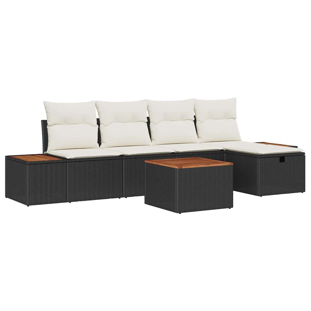 Havesofa Sæt med pude 6 pcs Sort polyrattan