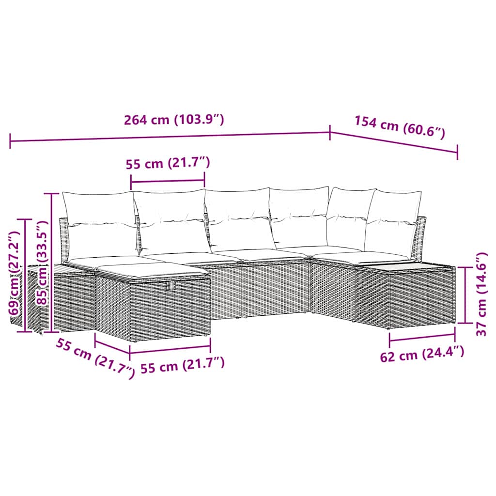 Havesofa Sæt 6 stk. Sort polyrattan