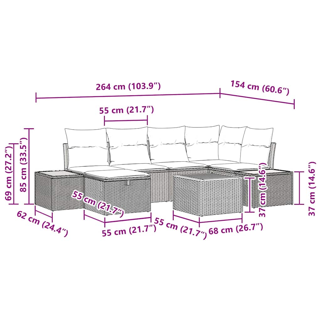 Havesofa Sæt 7 stk. Sort polyrattan