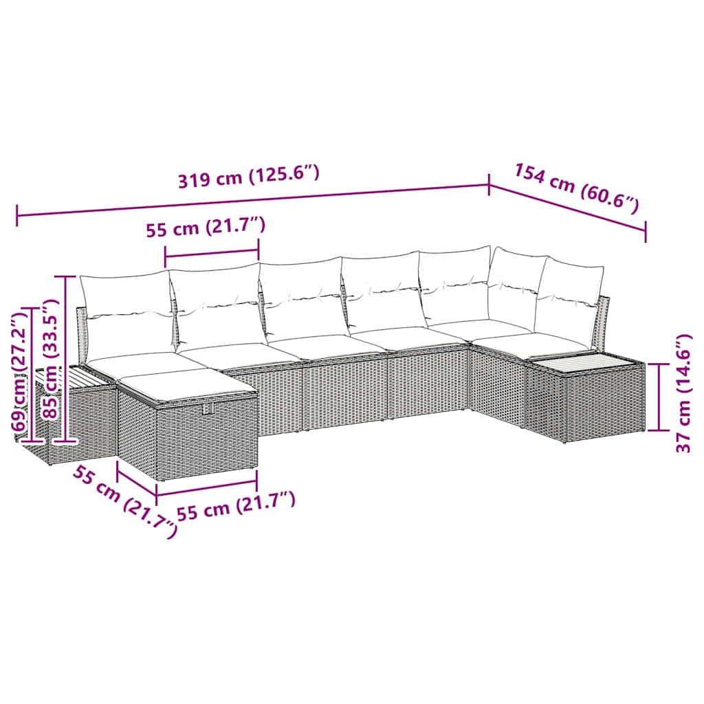 Havesofa Sæt med pude 8 pcs Sort polyrattan
