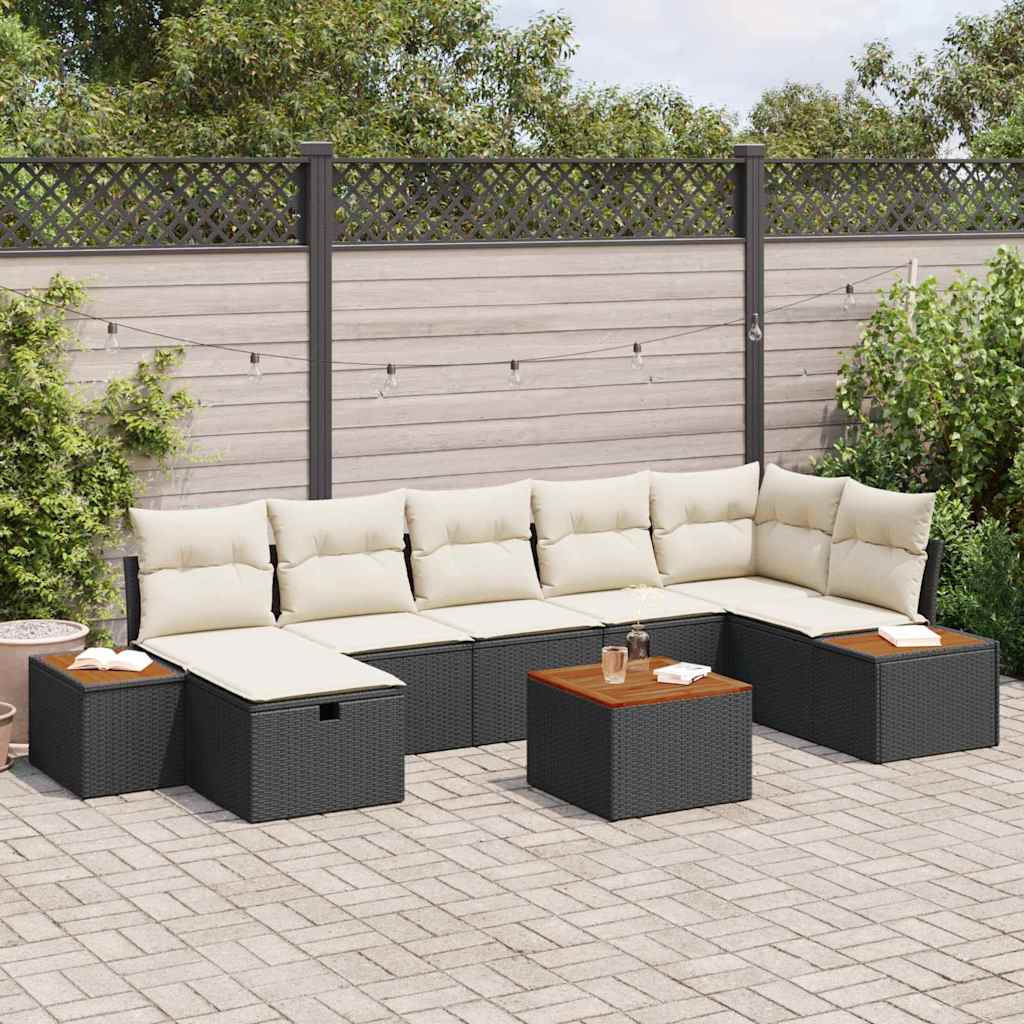 Havesofa Sæt med pude 8 pcs Sort polyrattan