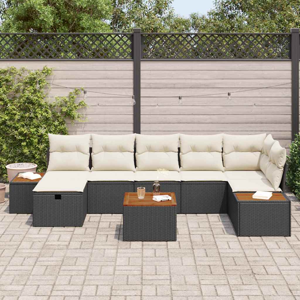 Havesofa Sæt med pude 8 pcs Sort polyrattan