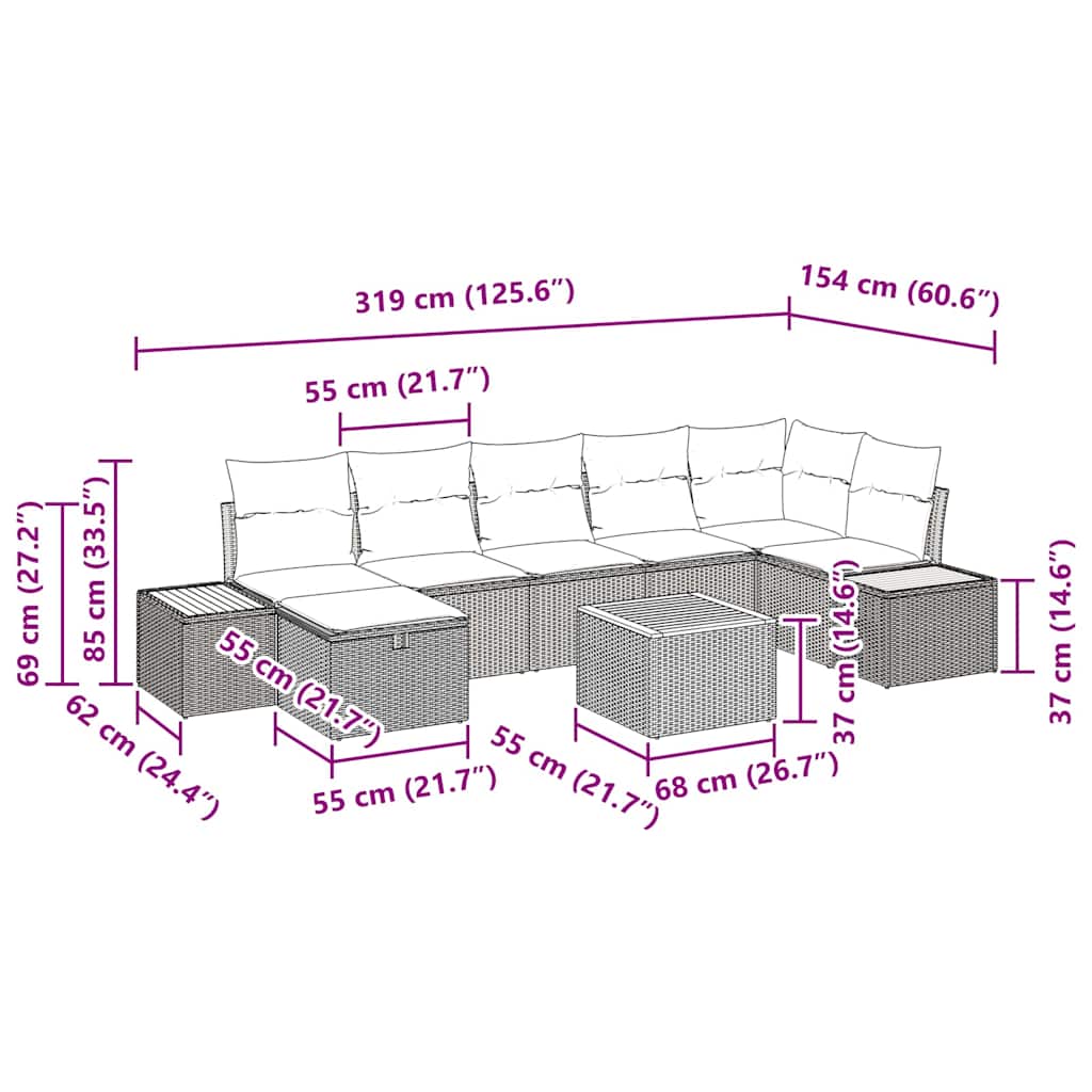 Havesofa Sæt med pude 8 pcs Sort polyrattan