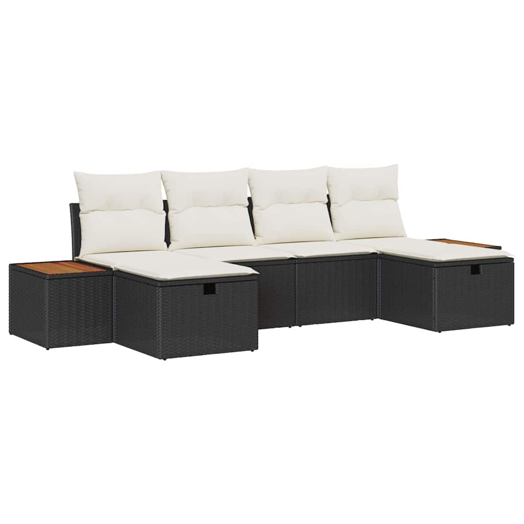 Havesofa Sæt med pude 6 pcs Sort Poly rattan