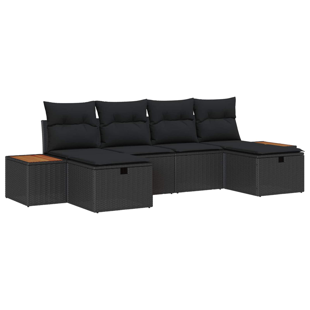 Havesofa Sæt med pude med opbevaring 6 pcs Sort polyrattan