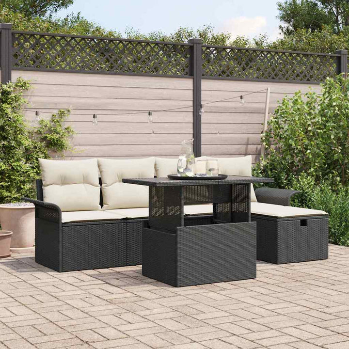 Havesofa Sæt med pude med opbevaring 6 pcs Sort Poly rattan