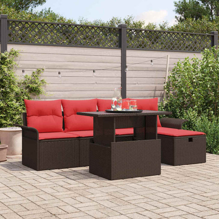 Havesofa Sæt med pude med opbevaring 6 pcs Brun Poly rattan
