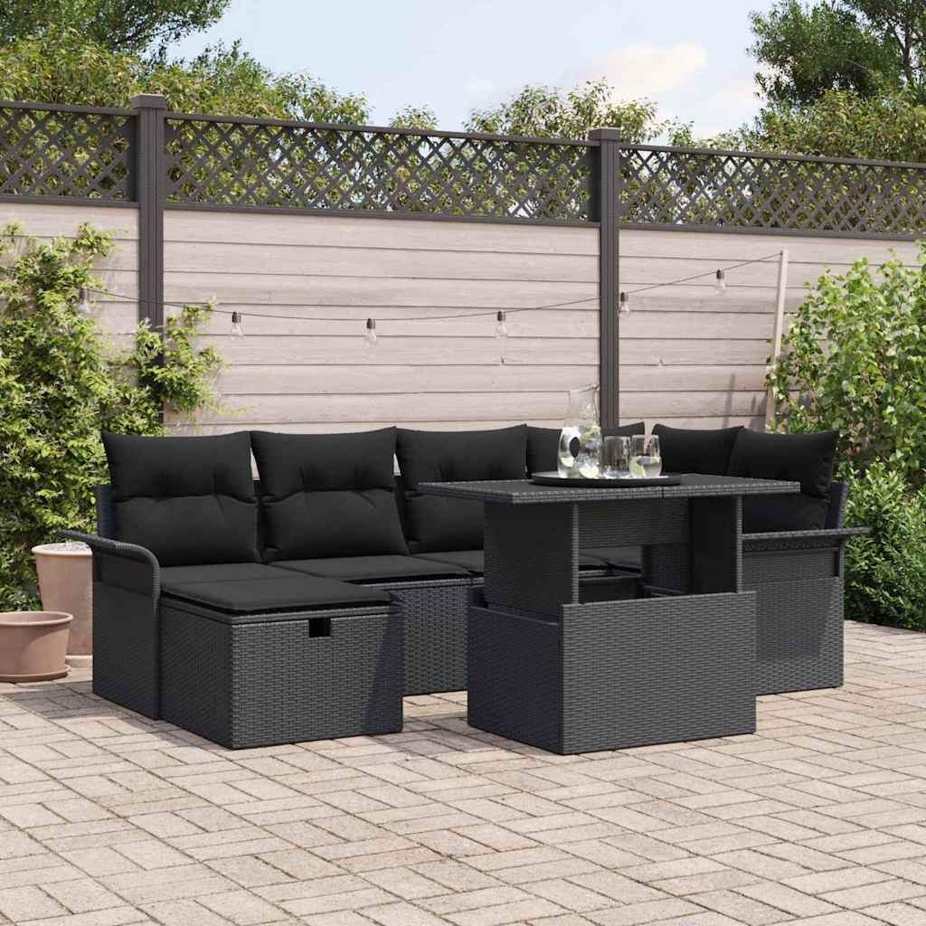 Havesofa Sæt med pude med opbevaring 7 pcs Sort polyrattan