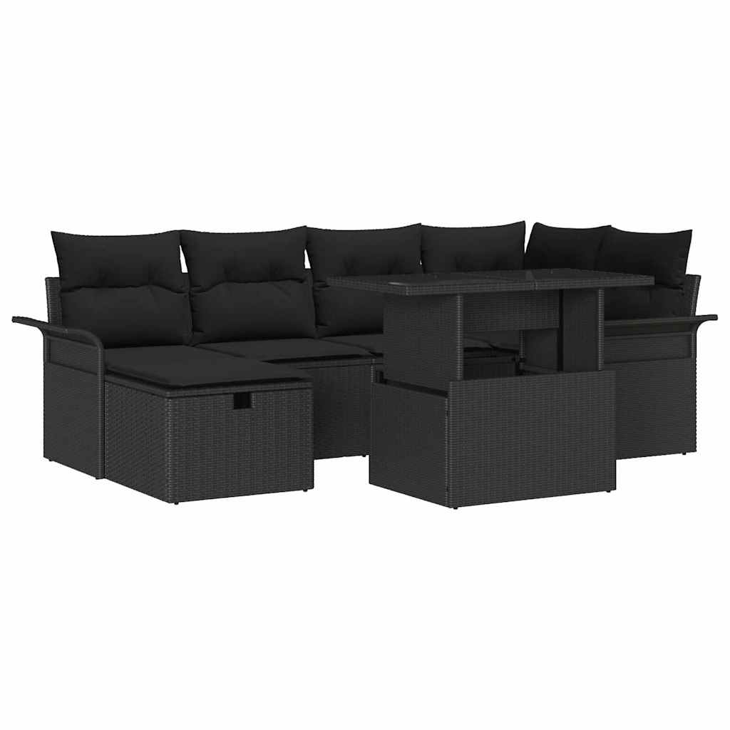Havesofa Sæt med pude med opbevaring 7 pcs Sort polyrattan