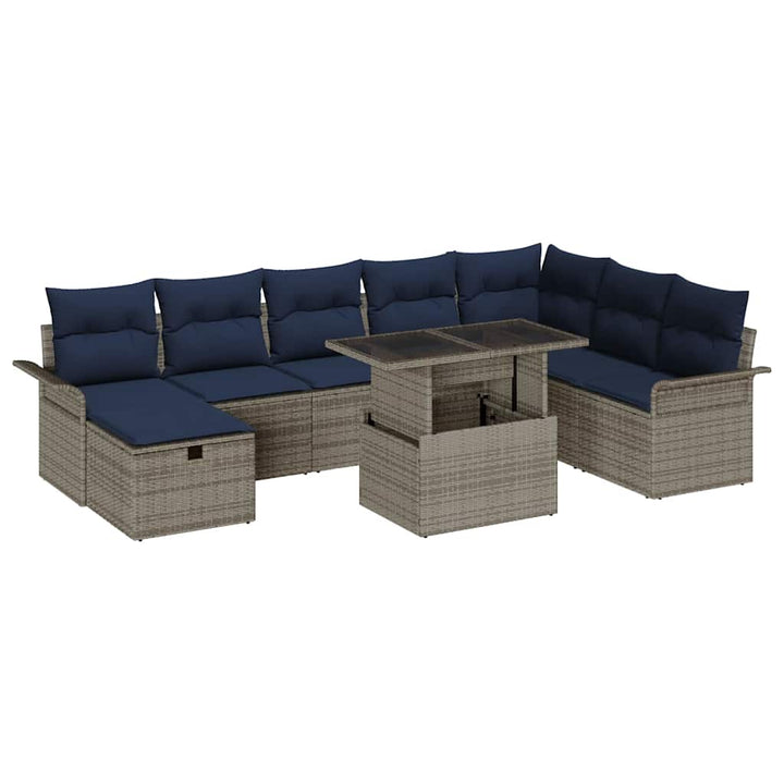 Havesofa Sæt med pude med opbevaring 9 pcs Grå Poly rattan