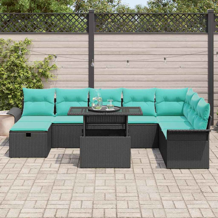 Havesofa Sæt med pude med opbevaring 9 pcs Sort Poly rattan